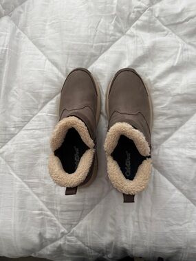Outdoorsy Taupe Faux-Shearling Ankle Booties